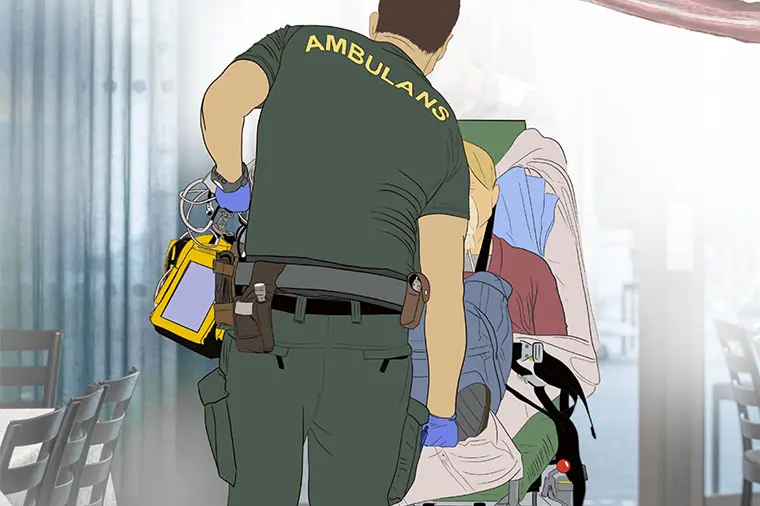 Illustration över ambulanssjukvårdare och patient med sepsis på bår.