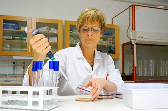 Mikrobiolog Stina-Mina Ehn B&ouml;rjesson p&aring; sin hemmaplan, i labbet l&auml;ngst upp i hus 20 p&aring; H&ouml;gskolan Kristianstad. P&aring; fredag &aring;ker hon dock till G&ouml;teborg f&ouml;r att f&ouml;rsvara sin avhandling om hur bakterier sprids fr&aring;n m&auml;nniska till djur.