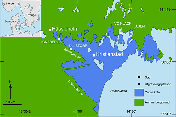 Geologisk karta &ouml;ver Kristianstadsbass&auml;ngen med utgr&auml;vningsplatserna Ignaberga, Ullstorp, Iv&ouml; Klack och &Aring;sen.