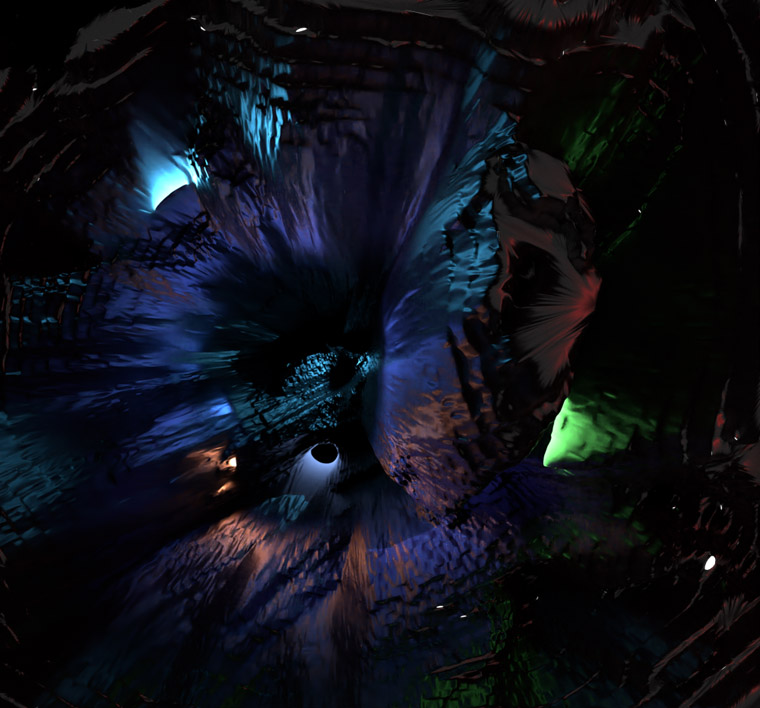 En av de fyra bilderna som genererats av the Wandering Machine och som omvandlas i en serie steg. Tredimensionella objekt ljuss&auml;tts f&ouml;r att bli reflekterade i den matematiskt animerade rumsligheten som forskarna skapar med hj&auml;lp av flera olika 3D-program.