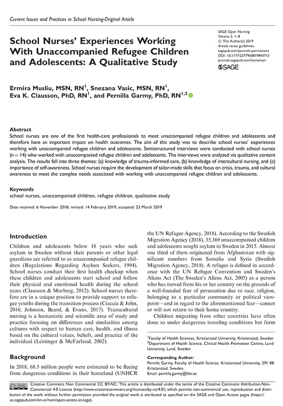 School Nurses’ Experiences Working With Unaccompanied Refugee Children and Adolescents: A Qualitative Study.