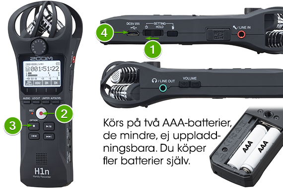 Ljudinspelaren Zoom H1n från flera håll