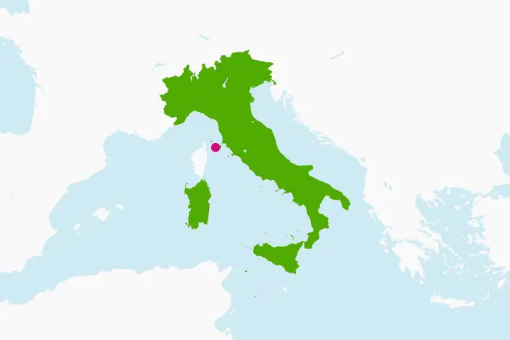 Italien med semester&ouml;n Elba markerad utanf&ouml;r Toscanas kust, d&auml;r den nya bj&ouml;rndjursarten uppt&auml;ckts. Bild: FreeVectorMaps.com