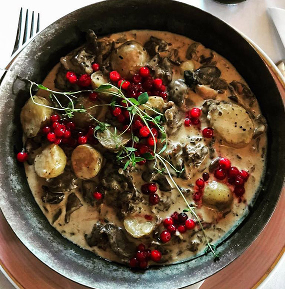 Jokkmokkspanna: renskav, champinjoner, bacon, potatis, r&ouml;dl&ouml;k och gr&auml;dde, serveras med lingon och ger en smak av Laponia. Foto: Johanna Augustsson