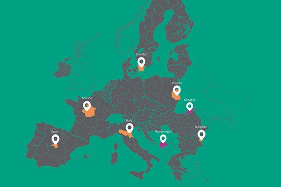Karta &ouml;ver medlemsuniversiteten i BRIDGE och deras regioner.