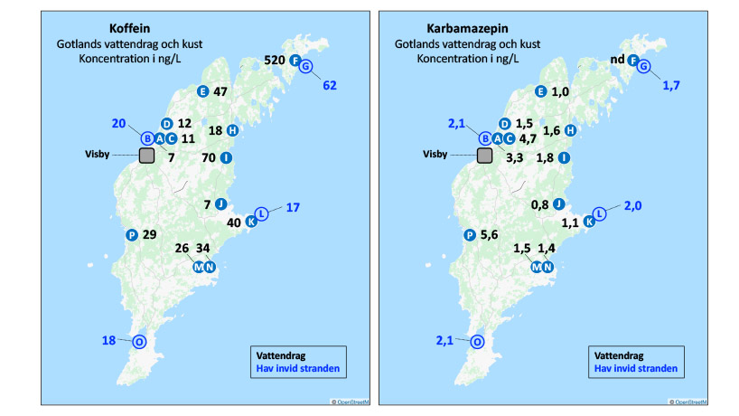 F&ouml;rekomst av koffein och karbamazepin i Gotlands vattendrag och hav i provpunkterna A-P. Svarta siffror indikerar prover tagna i vattendrag. Bl&aring;a siffror indikerar prover tagna i &Ouml;stersj&ouml;n fr&aring;n stranden.