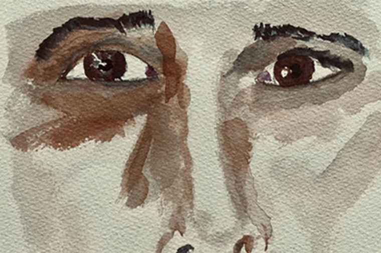 Inzoomat ansikte m&aring;lat med akvarell.