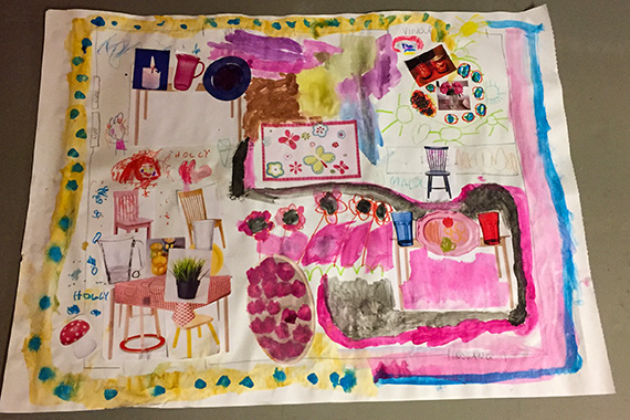 Teckning som exempel p&aring; fokus p&aring; milj&ouml;n och rummet d&auml;r m&aring;ltiden &auml;ger rum.