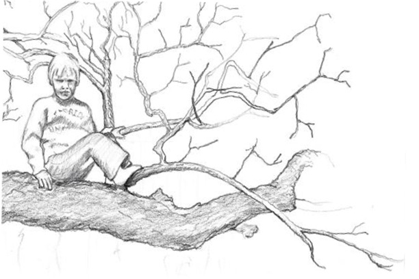 Tecknad pojke i träd.