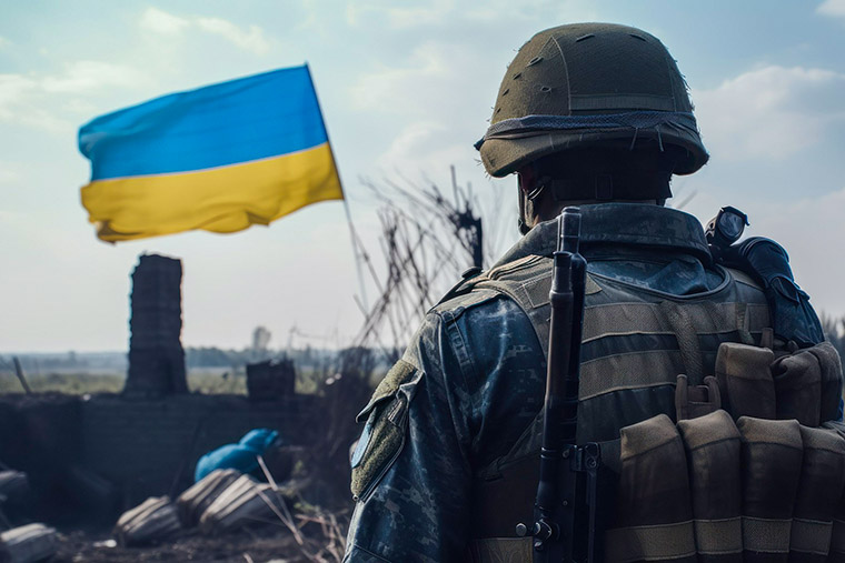Ukrainsk soldat i f&ouml;rgrunden och ukrainsk flagga i bakgrunden.