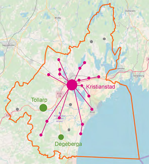 Rosa = t&auml;torter kopplade till Kristianstads centrala reningsverk (analyserade i MORPHEUS) Gr&ouml;n = Tollarp och Degeberga reningsverk (analyserade i MORPHEUS) Gr&aring; = frist&aring;ende reningsverk ej analyserade i MORPHEUS