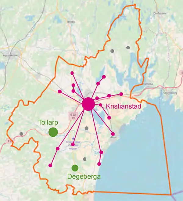 Rosa = t&auml;torter kopplade till Kristianstads centrala reningsverk (analyserade i MORPHEUS) Gr&ouml;n = Tollarp och Degeberga reningsverk (analyserade i MORPHEUS) Gr&aring; = frist&aring;ende reningsverk ej analyserade i MORPHEUS