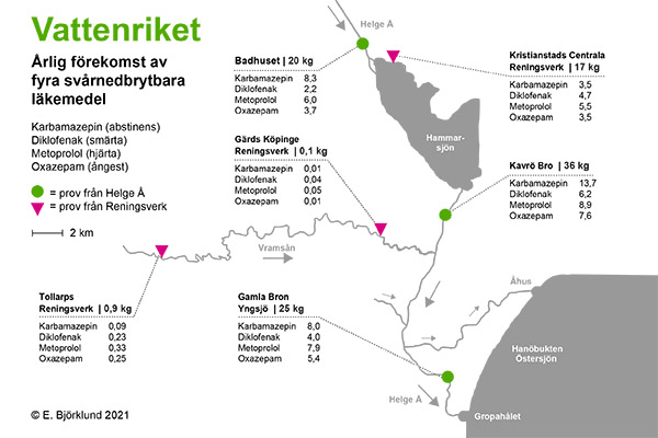 &Aring;rlig f&ouml;rekomst av fyra sv&aring;rnedbrytbara l&auml;kemedel i Kristianstads Vattenrike.