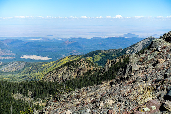 Uppifr&aring;n den alpina tundran p&aring; San Francisco Peaks med Great Basin-&ouml;knen i horisonten. Den gr&ouml;na subalpina barrskogen och blandskogen med sina gula aspar syns tydligt. Foto: Magnus Thelaus