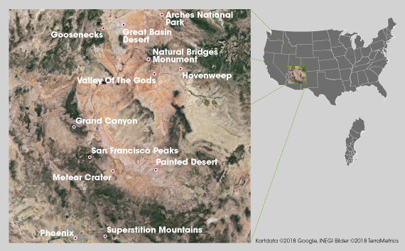 USA-karta med platser fr&aring;n f&auml;ltkursen i USA.