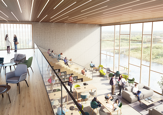 På plan 2 och 3 inryms ett nytt högskolebibliotek med utsikt över Helge å och Naturum. Bild Jordens Arkitekter