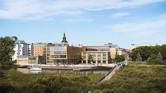 Högskolan Kristianstads möjliga citycampus med staden i bakgrunden och Helge å i förgrunden. Bild: Jordens Arkitekter