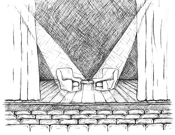 Scen med två stolar tecknat i svartvitt.