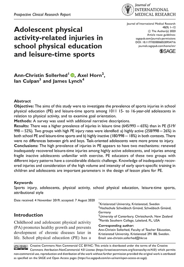 Adolescent physical activity-related injuries in school physical education and leisure-time sports.