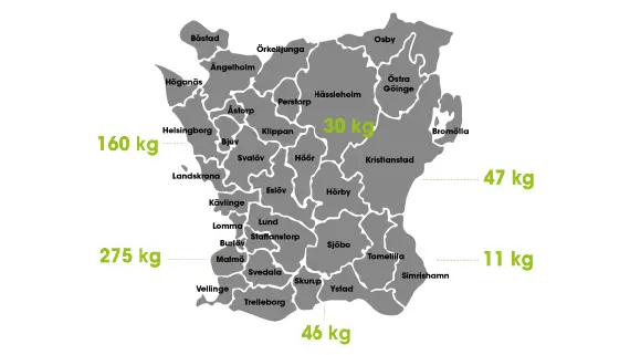 Visualisering av den utsl&auml;ppta m&auml;ngden l&auml;kemedel av 21 l&auml;kemedel enligt L&auml;kemedelsverkets lista i olika delar av Sk&aring;ne.