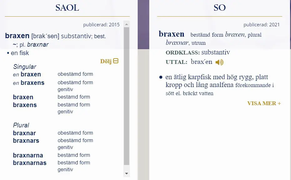 Om braxen i SAOL.