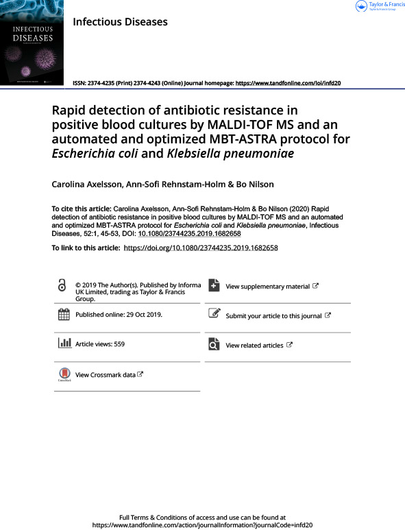 Rapid detection of antibiotic resistance in positive blood cultures by MALDI-TOF MS and an automated and optimized MBT-ASTRA protocol for Escherichia coli and Klebsiella pneumoniae.