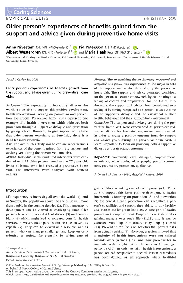 Older person’s experiences of benefits gained from the support and advice given during preventive home visits