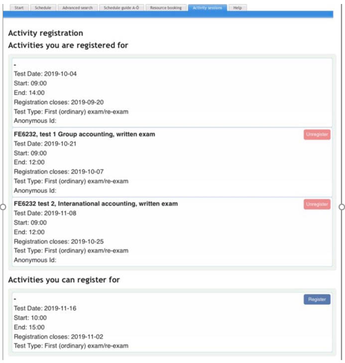 Screenchot of examination sessions.
