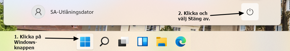 F&ouml;r att st&auml;nga av: Klicka p&aring; Windowsknappen och sedan p&aring; Av/p&aring;-knappen