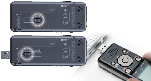 Bild på hur man går tillväga för att koppla ihop svart Olympus ljudinspelare med datorns usb port