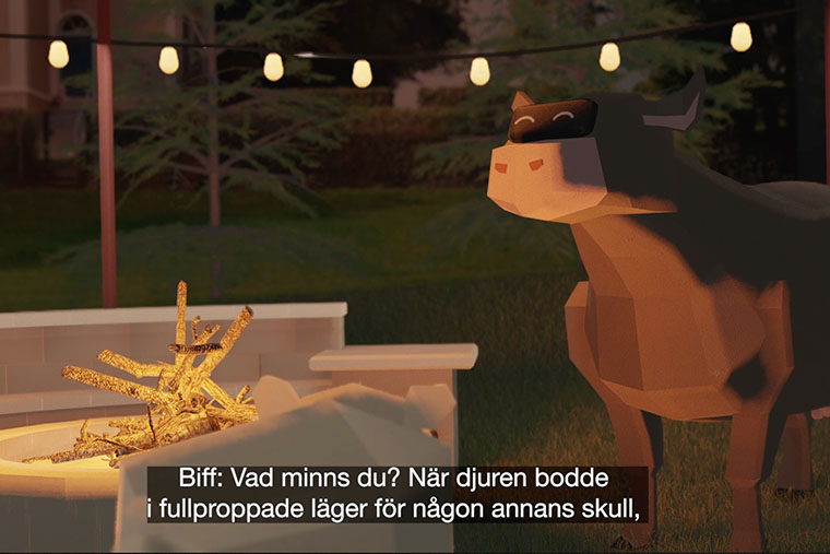 Stillbild från en animerad film med en gris och en ko vid en eldstad