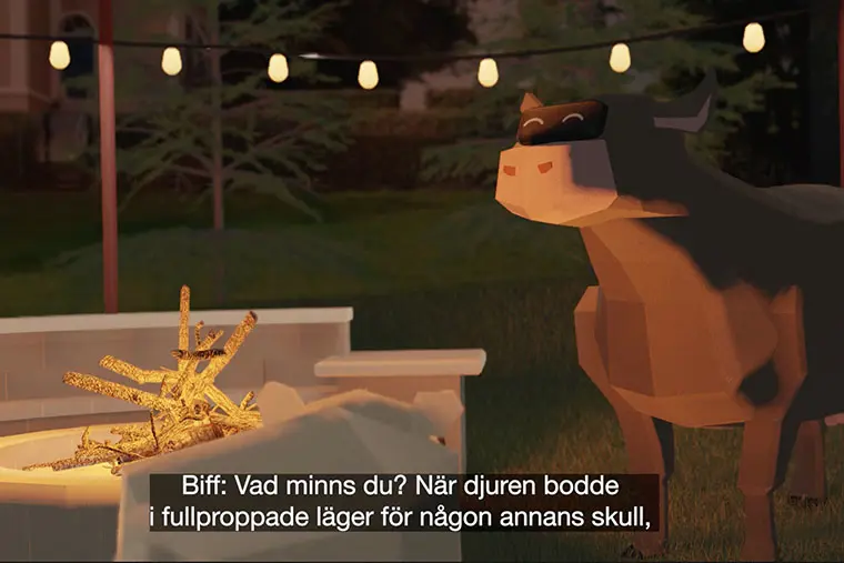 Stillbild från en animerad film med en gris och en ko vid en eldstad