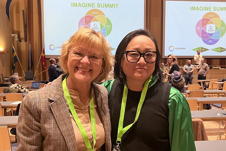 Tv&aring; personer framf&ouml;r sk&auml;rm med texten Imagine Summit.
