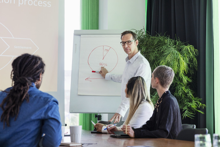 En man pekar på ett diagram på ett blädderblock