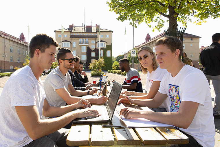 Två studenter arbetar i grupp utomhus